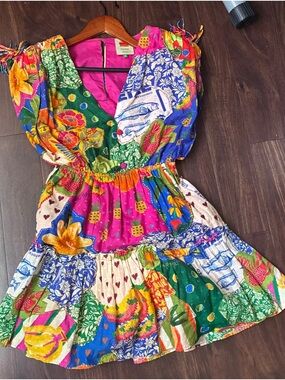 FARM Rio Multicolor Floral Patchwork Mini Dress - Pink, Green, Blue, Yellow